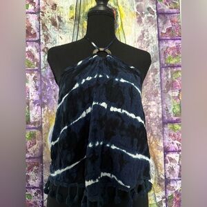 Xhilaration Navy and White Tie-Dye Halter Blouse